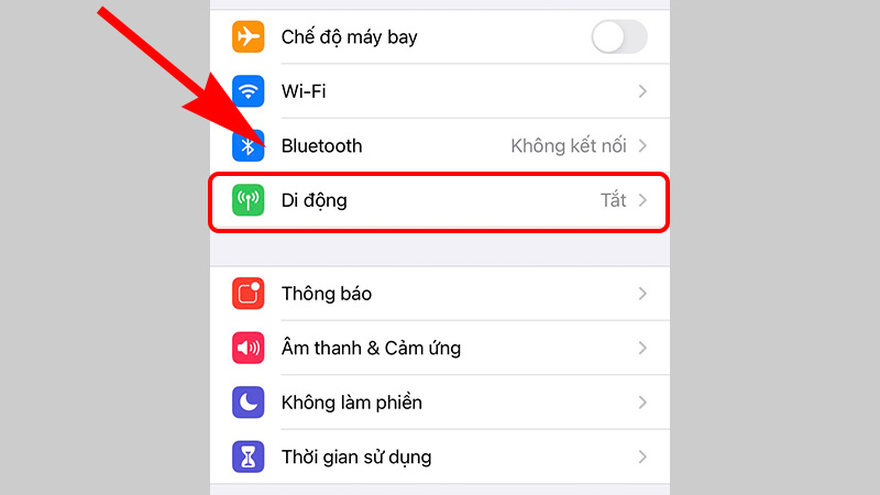 Chọn thanh Di động trong giao diện Cài đặt